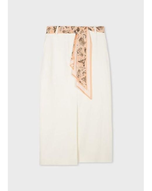 Paul Smith White Denim Midi Skirt With Seasonal Print Scarf Belt