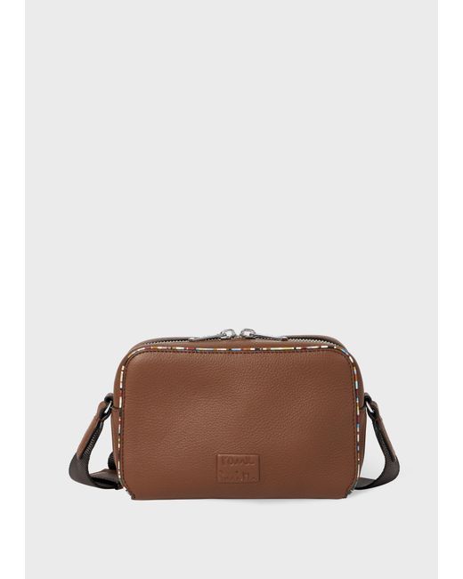 Paul Smith Brown Tan Leather 'Signature Stripe' Piping Flight Bag for men