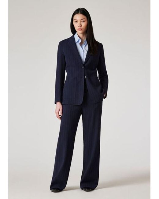 Paul Smith Blue Wool-Blend Seersucker Pinstripe Wide Leg Trousers