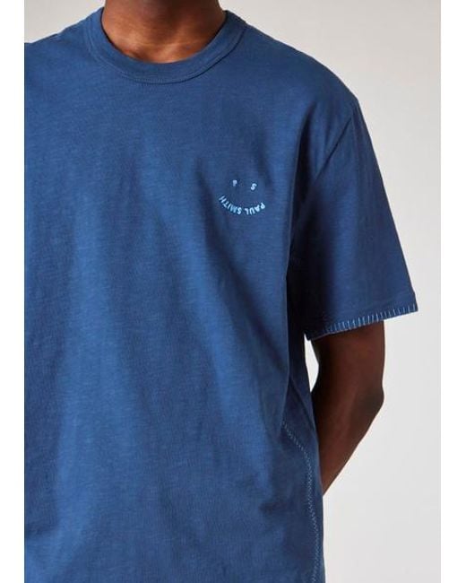 Paul Smith Blue Blanket-Stitch 'Happy' T-Shirt for men