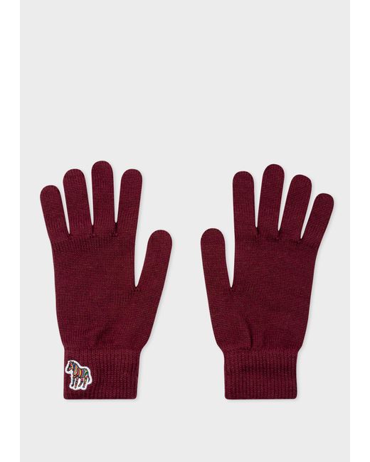 Paul Smith Red Burgundy 'zebra' Logo Wool Gloves
