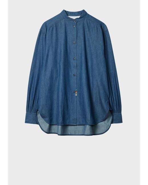 Paul Smith Blue Denim Chambray Grandad Collar Oversized Shirt