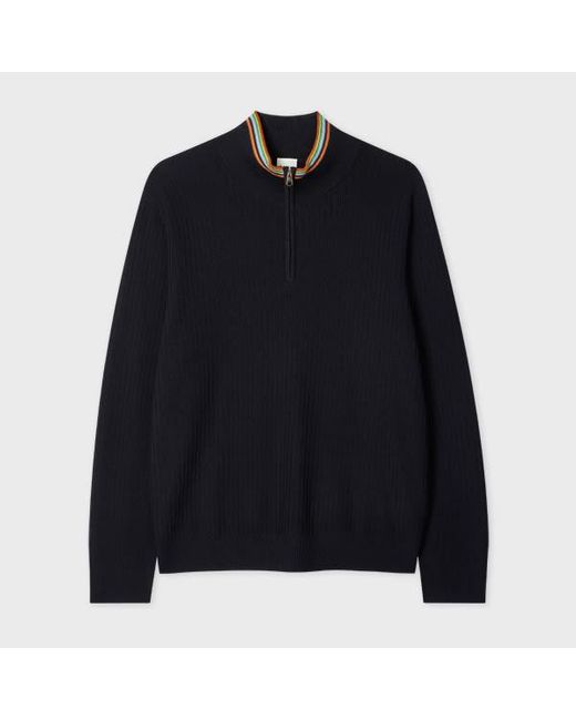Paul Smith Blue Washable Merino Wool 'Signature Stripe' Half Zip Sweater for men