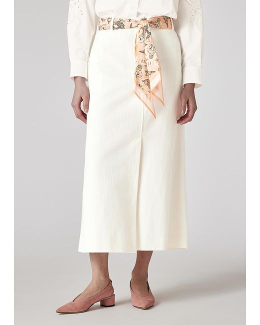 Paul Smith White Denim Midi Skirt With Seasonal Print Scarf Belt