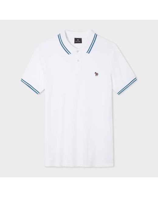 PS by Paul Smith Slim-fit White Zebra Logo Supima Cotton Polo Shirt With Slate Blue Tipping for men