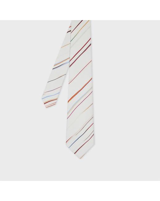 Paul Smith White Pale Diagonal Pin 'Signature Stripe' Silk Tie for men