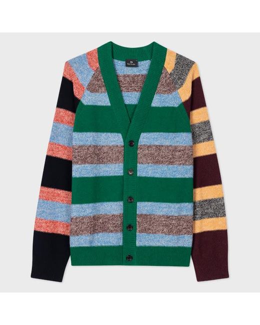 Paul Smith Green Wool-Blend Multi Stripe Cardigan for men