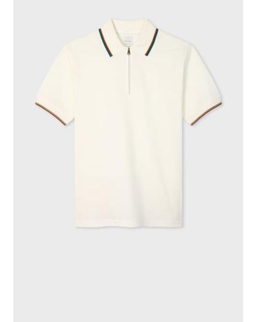 Paul Smith White Cotton 'Signature Stripe' Trim Zip Polo Shirt for men