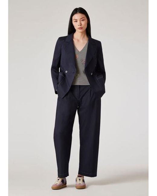 Paul Smith Blue Cotton-Blend Pleated Cropped Trousers