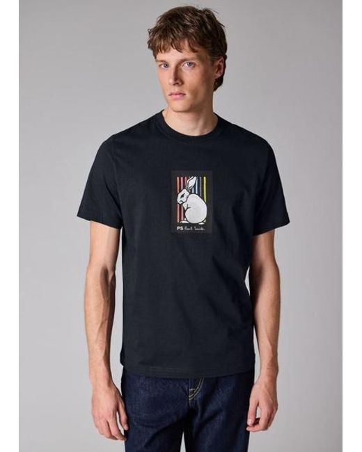 Paul Smith Blue Cotton 'Rabbit Stripe' Print T-Shirt for men