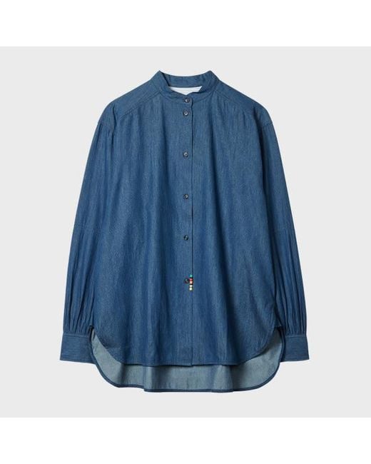 Paul Smith Blue Denim Chambray Grandad Collar Oversized Shirt