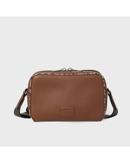 Paul Smith Brown Tan Leather 'Signature Stripe' Piping Flight Bag for men