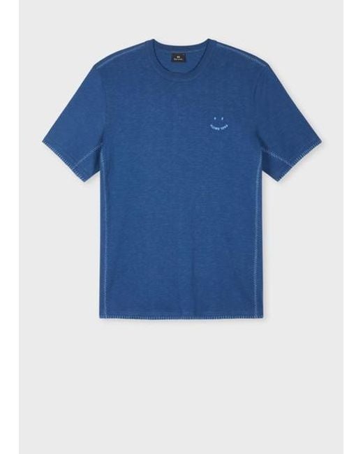 Paul Smith Blue Blanket-Stitch 'Happy' T-Shirt for men