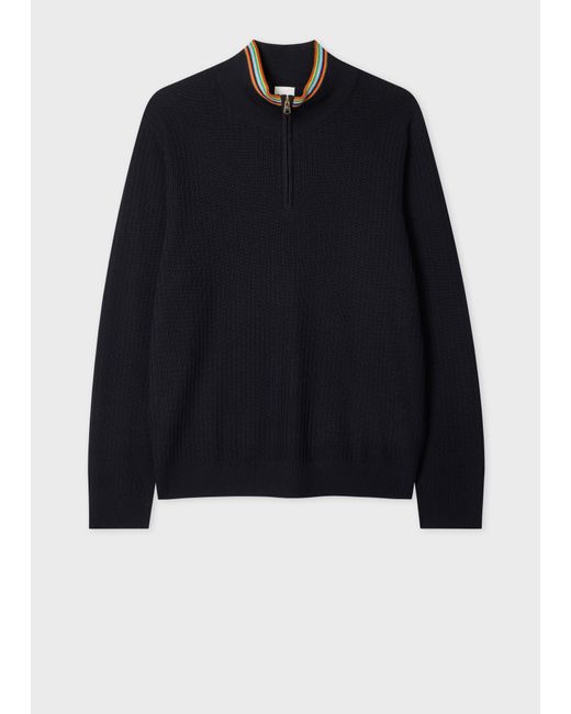 Paul Smith Blue Washable Merino Wool 'Signature Stripe' Half Zip Sweater for men