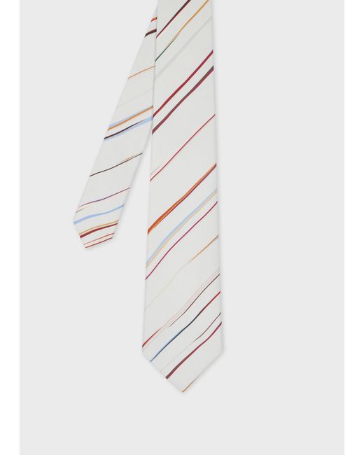 Paul Smith White Pale Diagonal Pin 'Signature Stripe' Silk Tie for men