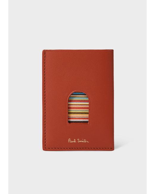 Paul Smith Orange Brick Leather 'Signature Stripe' Thumb Hole Card Holder for men