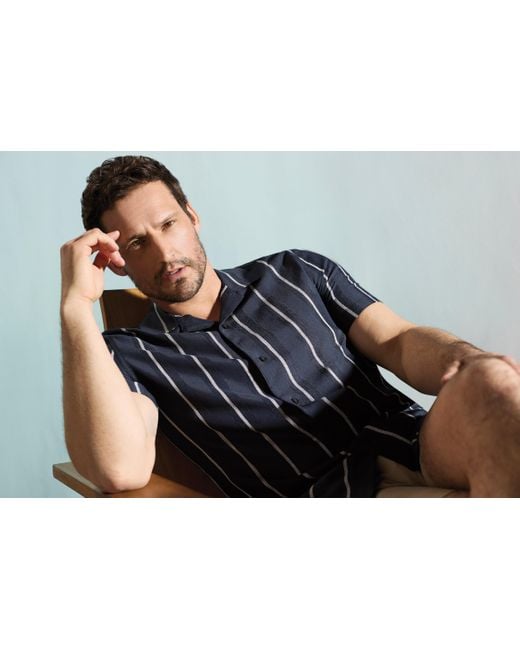 Perry Ellis Blue Ecoveroâ Striped Camp Collar Shirt for men