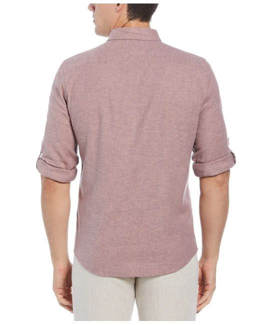 Perry Ellis Purple Untucked Slim Fit Linen Blend Rolled Sleeve Shirt for men