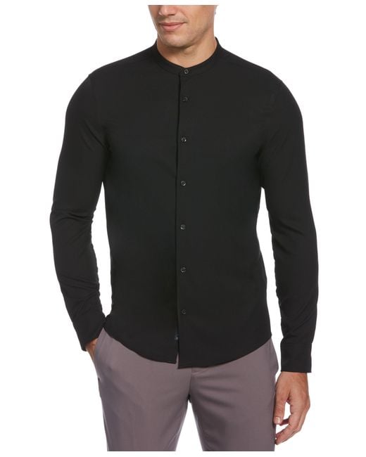 Perry Ellis Synthetic Untucked Total Stretch Slim Fit Banded Collar Shirt in Black for Men