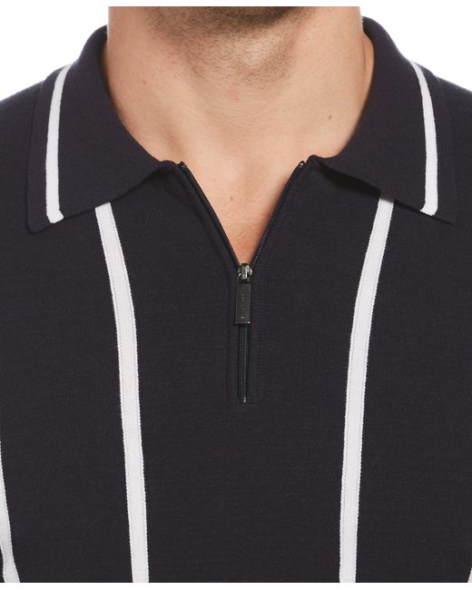 Perry Ellis Black Tech Knit Vertical Stripe Zip Polo for men