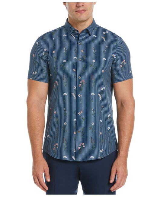 Perry Ellis Blue Slim Fit Floral Print Total Stretch Shirt for men