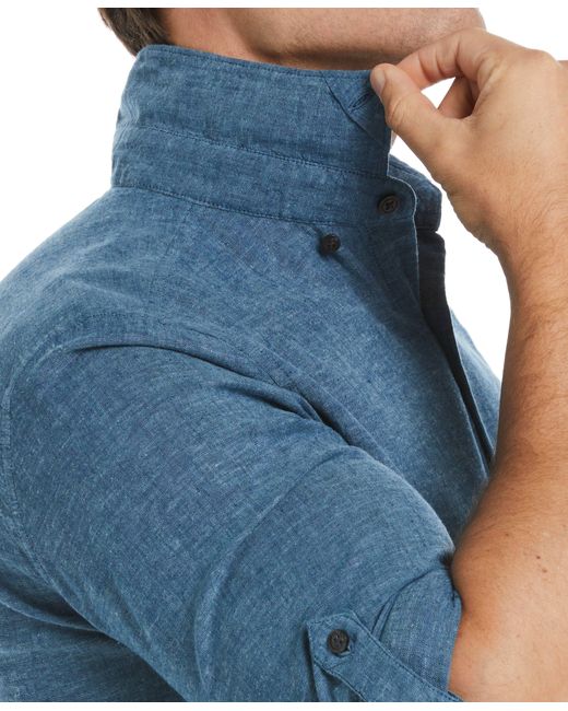 Perry Ellis Blue Untucked Slim Fit Linen Blend Rolled Sleeve Shirt for men