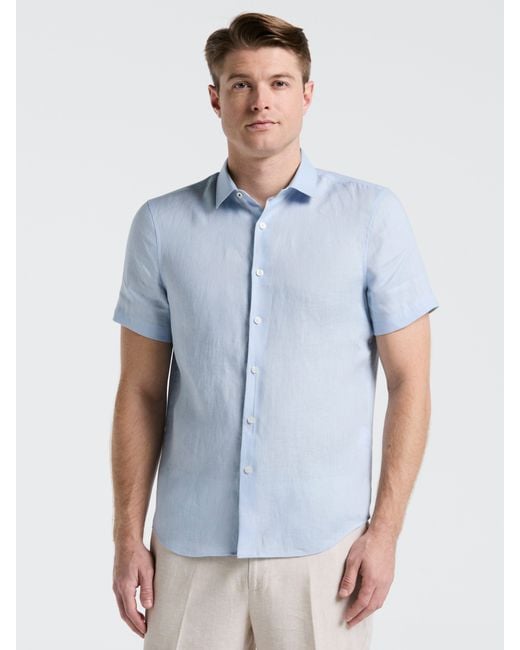 Perry Ellis Blue Linen Short Sleeve Shirt for men