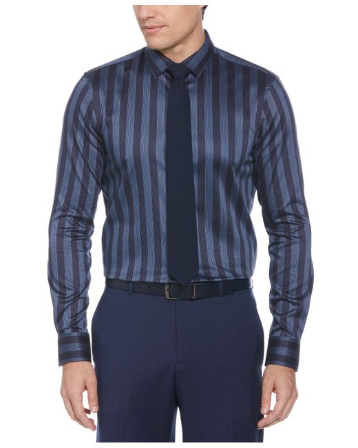 Perry Ellis Blue Slim Fit Tonal Twill Stripe Dress Shirt for men