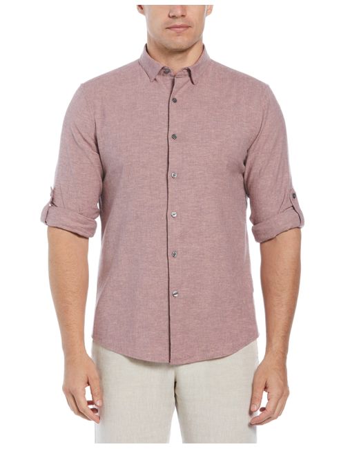 Perry Ellis Purple Untucked Slim Fit Linen Blend Rolled Sleeve Shirt for men