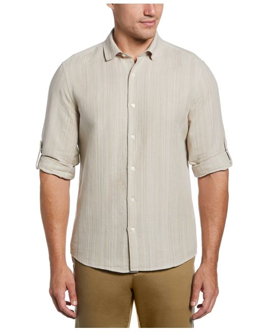 Perry Ellis Gray Linen Blend Print Roll Sleeve Shirt for men