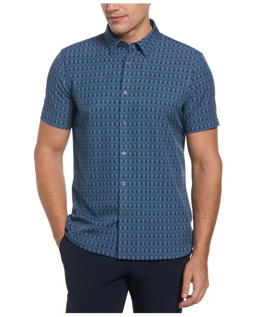 Perry Ellis Blue Total Stretch Slim Fit Brick Motif Shirt for men