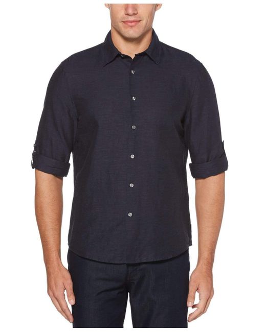 Perry Ellis Untucked Roll Sleeve Linen Shirt in Navy (Blue) for Men ...