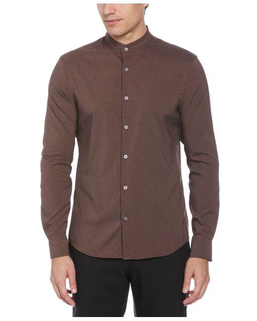 Perry Ellis Brown Untucked Total Stretch Slim Fit Banded Collar Shirt for men