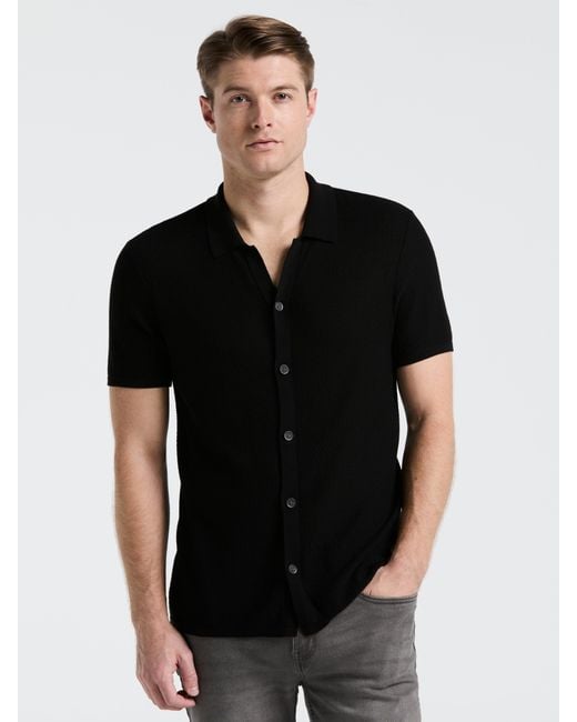 Perry Ellis Black Mesh Button Front Polo Sweater for men