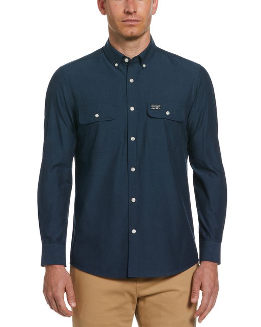Perry Ellis Blue Cotton Washed Oxford Shirt for men