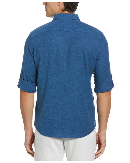 Perry Ellis Blue Untucked Slim Fit Linen Blend Rolled Sleeve Shirt for men