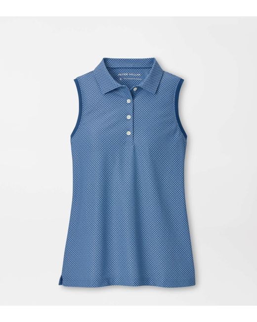 Peter Millar Blue Palmetto Palms Banded Sport Mesh Sleeveless Button Polo