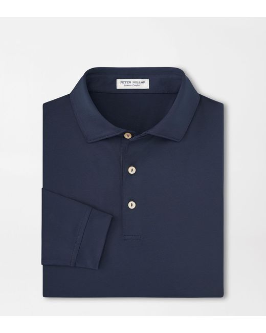 Peter Millar Blue Solid Stretch Jersey Long Sleeve Polo for men
