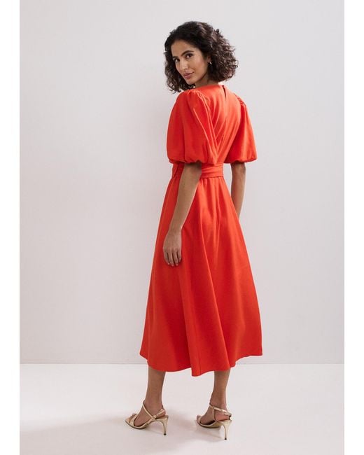 Phase Eight Red Zarah Plain Puff Sleeve Midi Dress