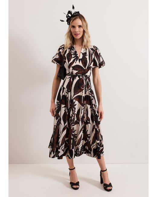 Phase Eight White Zarah Printed Puff Sleeve V Neck Midi Dress