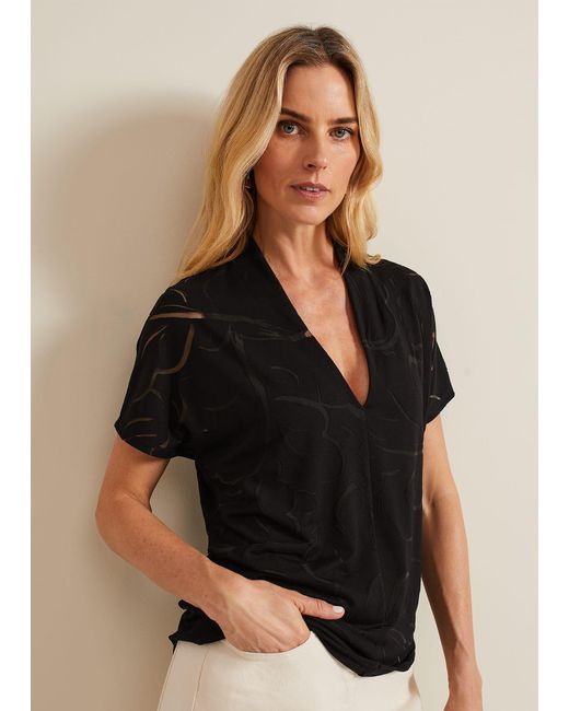 Phase Eight Black Linda Linear Leaf Burnout Top