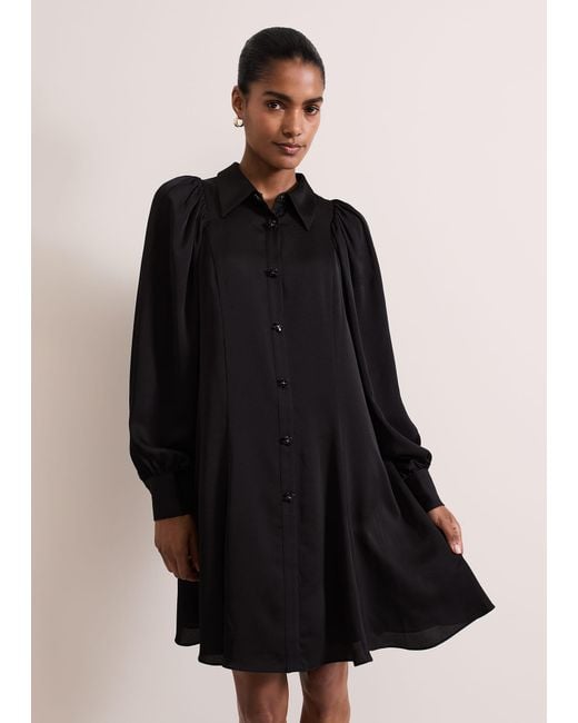 Phase Eight Black Tila Satin Embellished Shirt Dress