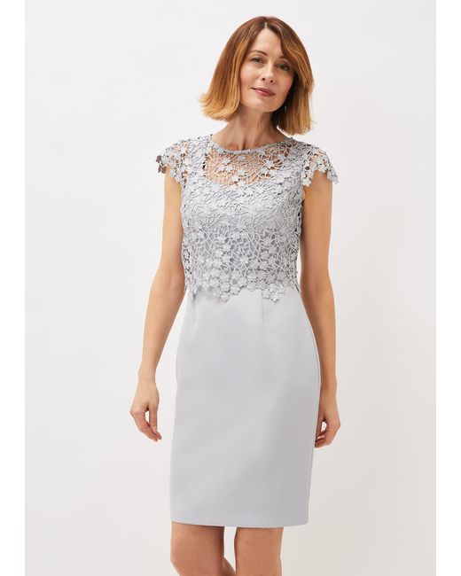 Phase Eight Gray Mariposa Floral Lace Bodice Dress
