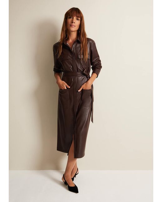 Phase Eight Natural 's Dila Faux Leather Shirt Midi Dress