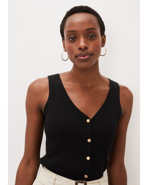 Phase Eight Black Celine Ribbed Button Vest Top