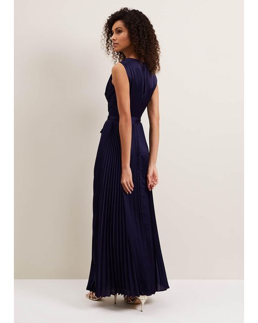Phase Eight Blue Bonnie Pleat Wrap Satin Maxi Dress