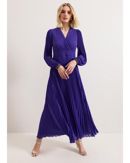 Phase Eight Blue Vila Beaded Pleated Maxi Dress