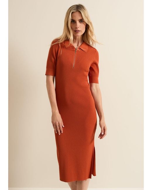 Phase Eight Orange 's Perrie Ribbed Zip Midi Dress