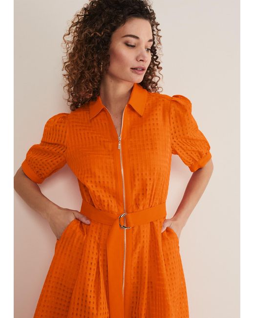 Phase Eight 's Carey Orange Checked Textured Midi Dress