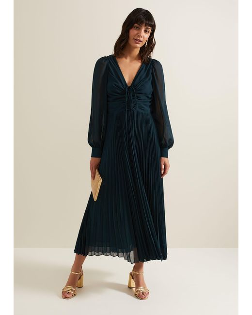 Phase Eight Blue Kindra Chiffon Pleated Midi Dress